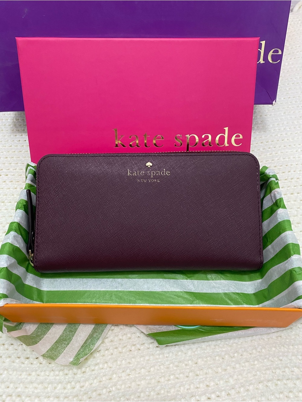 kate spade Plum Saffiano Zip-Around Wallet with Gold Logo